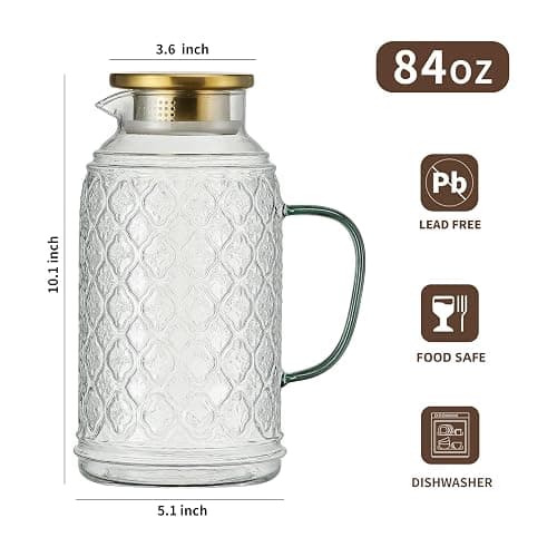 Buaic Glass Pitcher with Lid, 2 PACK 84 oz/2.5L Liter Vintage Water Pitcher, Clear Borosilicate Glass Water Carafe for Cold Brew, Coffee, Lemonade, Iced Tea,Beverage, Heat Resistant thumbnail 3