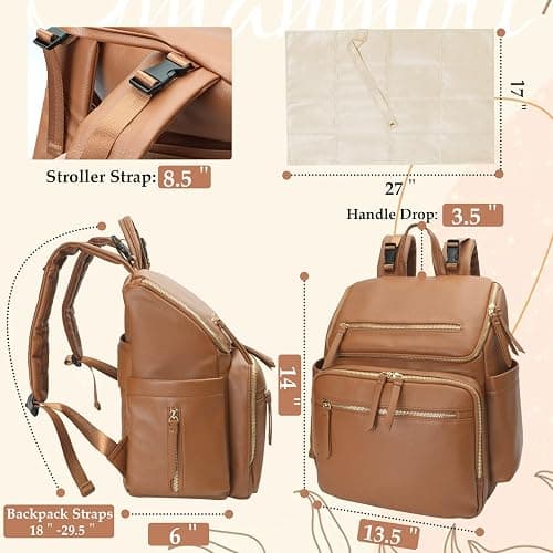 Omanmoli Diaper Bag Backpack Large Baby Diaper Bag Leather with 17 Diaper Bag Organizing Pouches,Changing Pad,Stroller Straps,4 Insulated Pockets,Brown thumbnail 3