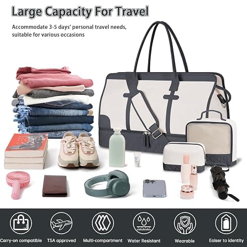 ETRONIK Weekender Overnight Bag for Women, Large Travel Duffle Bag with Shoe Compartment & Wet Pocket, Carry On Tote Bag Gym Duffel Bag with Toiletry Bag, 3 Pcs Set, Large Size, Dark Grey-Beige thumbnail 3