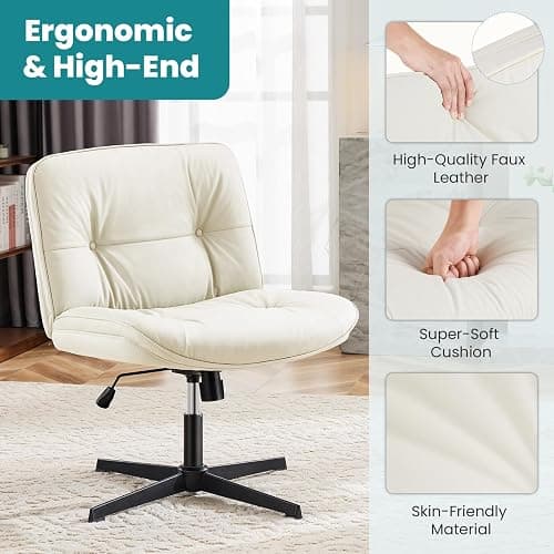 OLIXIS Criss Cross Chair Without Wheels, Cross Legged Office Chair, Armless Wide Vanity Desk Chair with Comfy PU Leather& Back - Swivel for Home Office Bedroom, Beige thumbnail 4
