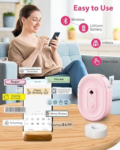 NDYIN Label Maker Machine with Tape, N12 Portable Bluetooth Label Printer, Wireless Mini Label Makers Thermal Sticker with Multiple Templates for Home, Kitchen, School, Office Organization, Pink thumbnail 3