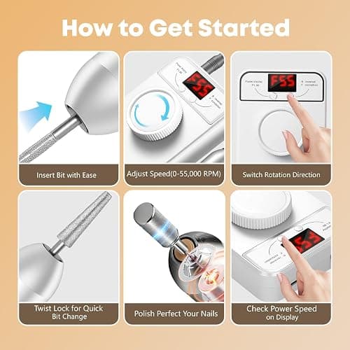Professional Nail Drill Electric File, GEEZO 55000RPM Portable Cordless Nail Drill Machine with Bits, Rechargeable E File for Acrylic & Gel Nails, Manicure & Pedicure Tech Tool for Home Salon (White) thumbnail 8