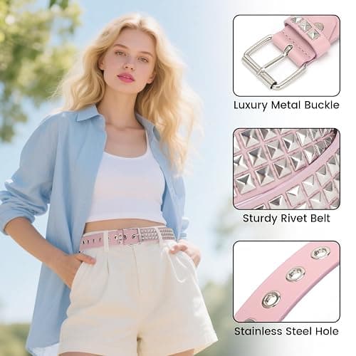 SNCEAW Studded Belt, Metal Punk Rock Rivet belt with Bright Pyramid Studded for Women Men thumbnail 6