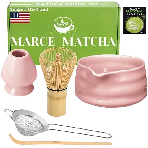 Marce Matcha Whisk Set- Matcha Set includes Matcha Whisk and Bowl with Spout, Sifter, Holder and Scoop- The Perfect Bamboo Whisk for Matcha Tea (Pink) - Image 1