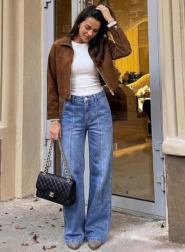 Sidefeel Women's Wide Leg Jeans High Waisted Stretchy Baggy Denim Pants | Patch Slant Pockets, Patchwork, Full Length, Boyfriend, Fashion Clothing, Western Outfit, Country Concert Outfits thumbnail 4