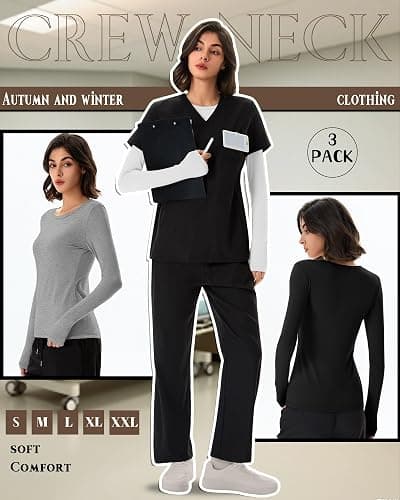 Neer 3 Pack Womens Underscrub Shirts Long Sleeve Crewneck Tops Fitted Layering Clothes Comfort Knit Tops for Nurse thumbnail 6