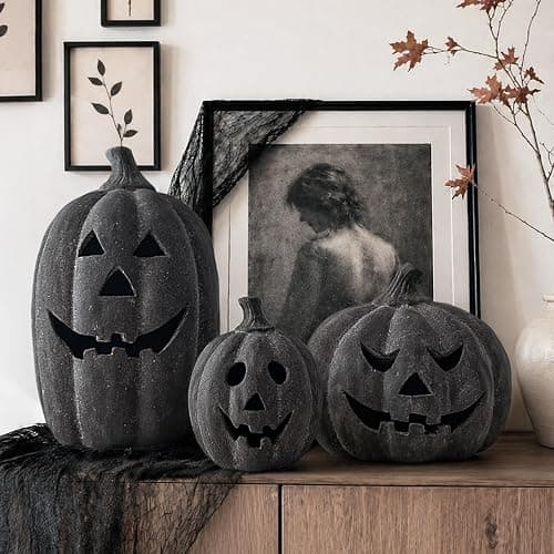 Halloween Decorations Outdoor - Fall Decor - 15" H Black Handmade Terracotta Jack O Lantern Pumpkin - Indoor Outside Gothic Festival House Centerpiece Decoration for Table Garden Living Room Mantel thumbnail 6