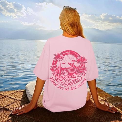 veufcyas Oversized Graphic Tees for Women Hawaiian Beach Palm Tree Shirt Cute Vacation T Shirts Teens Summer Short Sleeve Top thumbnail 3