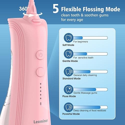Leominor Water Dental Flosser - 5 Modes Cordless Portable Oral Irrigator, IPX7 Waterproof, Rechargeable Teeth Cleaner Upgrade Datchable Tank Professional Flossing Cleaning Pick for Home Travel (Pink) thumbnail 2