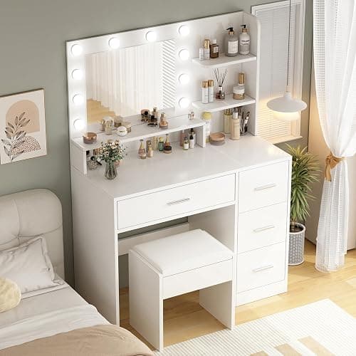 OTOQS Makeup Vanity Desk with Mirror and Light,Dressing Table Set with 3 Color Modes LED Lights,Large and Three Level Storage Dresser, for Bedroom Dressing Room,White thumbnail 4