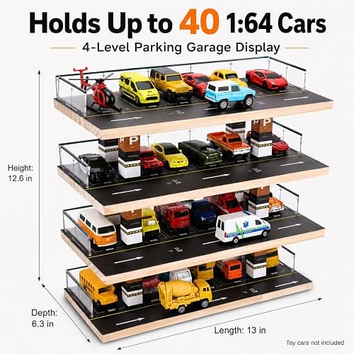 Saichotoy Display Case for Hot Wheels, 4-Level 1/64 Wooden Garage Storage | 4-Level Toy Car Storage Garage for Hot Wheels & Matchbox, 1/64 Display with 24 Spots Holds Up to 40 Cars, Cars Not Included thumbnail 3