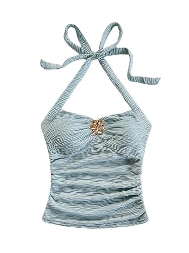 SOLY HUX Women's Halter Tops Cute Summer Y2K Going Out Camisole | Sleeveless Backless Cami Top, Tie Back, Floral Metal, Beach Outfits, Cute Tops for Teens - Image 1