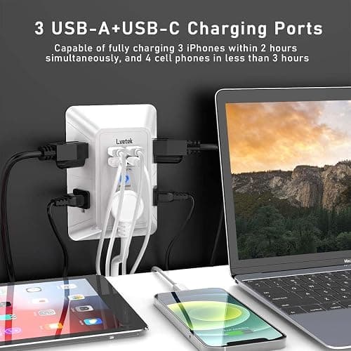 5 Outlet Extender Multi Plug Wall Outlets with 4 USB Charging Ports (1 USB C Outlet), 3 Sided 1680J Surge Protector Power Strip USB Wall Charger for Home, Office, Travel, ETL Listed, White thumbnail 2