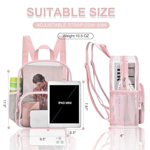 Busiuw Clear Backpack for Stadium Events Clear Backpack 12x12x6 with Front Pocket for Concert Sport Events Work Travel (Pink) thumbnail 2