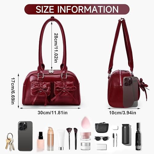 Juoxeepy Ita Bag Cute Bow Purse Aesthetic Japanese Shoulder Bag Faux Leather Tote Bag Y2k Red Handbag Purse thumbnail 6