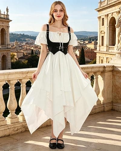 FCCAM Chemise Renaissance Dress Women Short Sleeve Corset Cottagecore Ren Faire Dress Costume with Pockets thumbnail 3