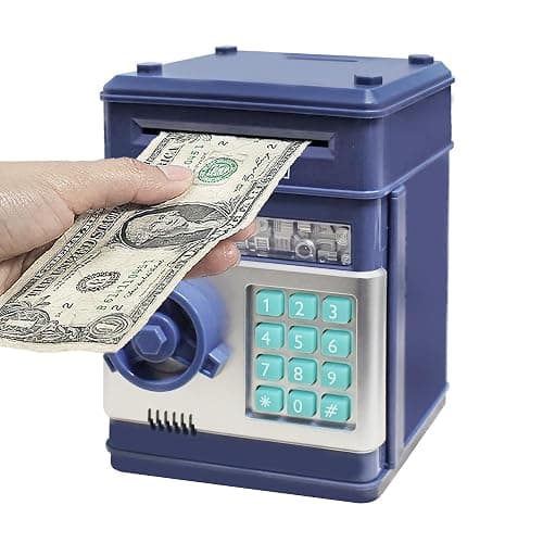 HUSAN Great Gift Toy for Kids Code Electronic Piggy Banks Mini ATM Electronic Coin Bank Box for Children Password Lock case (Grey Blue) - Image 1