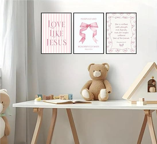 3Pcs Pink Christian Wall Art Coquette Bow Canvas Poster Print Inspirational Bible Verses Eclectic Aesthetic Preppy Painting Wall Decor for Teen Girls Bedroom Apartment 12x16in Unframed thumbnail 7