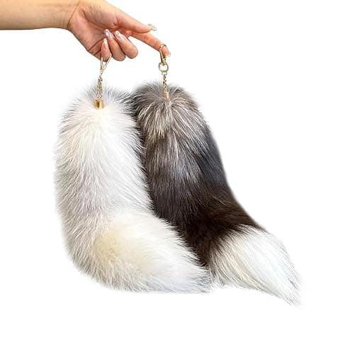 ASkinds Fluffy Fox Tail Fur Keychain Cosplay Toy Party Costume Furry Wolf Tails Handbag Accessory Key Chain Ring Hook for Women(White+Black) - Image 1
