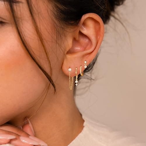 SELSHE Gold Plated Earrings for Women, 14k Gold Plated Earring Stack Hypoallergenic Pearl Drop Earring Dainty Earrings for Women Trendy Cute Small Huggie Hoop Earring Fashion Womens Jewelry thumbnail 2
