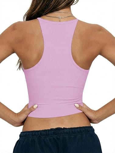 Danysu Padded Tank Tops for Women Double Line V Neck Racerback Camisole | No See Through, Sewn‑in Padded, Fitted Stretchy, Spaghetti Strap, Seamless, Crop Length, Y2K, Yoga, Casual, Summer Cami Tops thumbnail 2