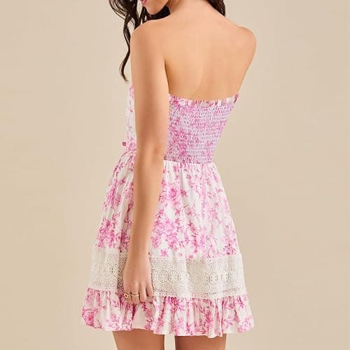 Tube Top Dress for Women Summer Strapless Floral Mini Dresses Off The Shoudle Ruffle Beach Dress - Pink - Medium thumbnail 3