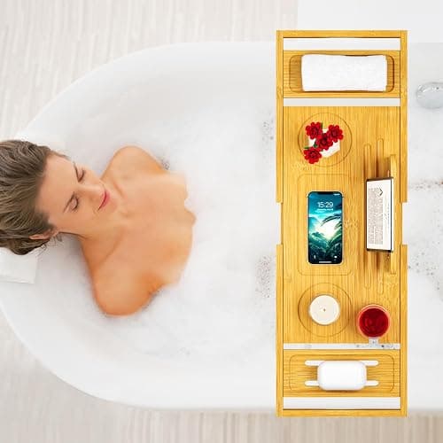 Bathtub Tray Caddy - Bath Tray - Bath Tub Tray Caddy - Bamboo Bath Table Tray for Tub - Expandable Size, Fits Most Tubs thumbnail 2