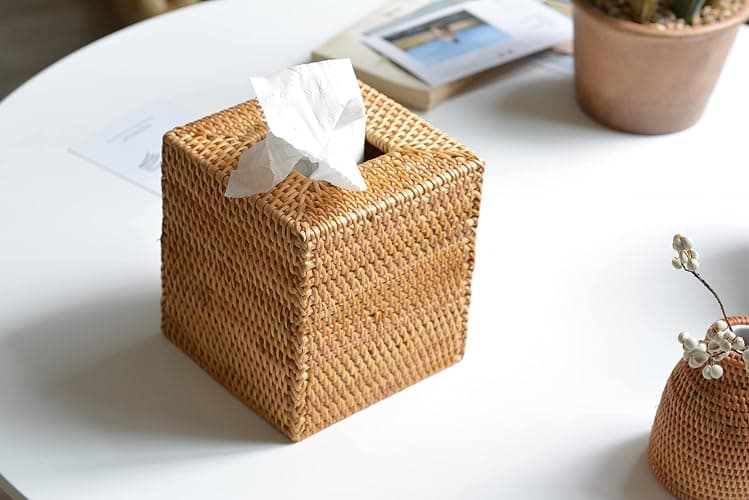 Rattan Tissue Box Cover Natural Woven Facial Napkin Holder Square (Natural, 5.5x5.5x5.9 Inch) thumbnail 2