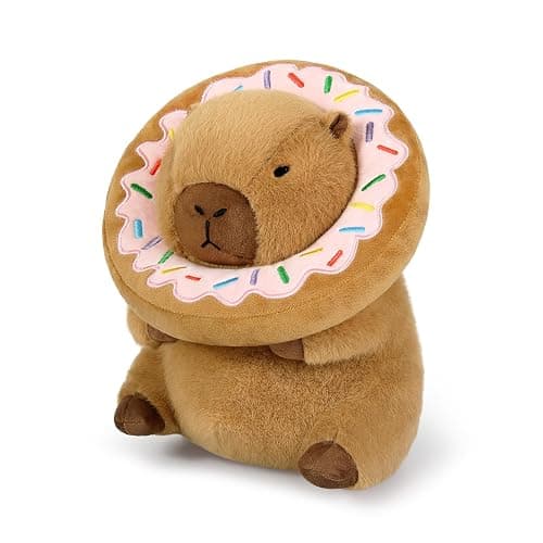 Ditucu Cute Capybara Plush Pillow with Wearable Donut Headgear Stuffed Animal Food Capibara Plushies Toys Gifts for Kids Brown 11 inch - Image 1