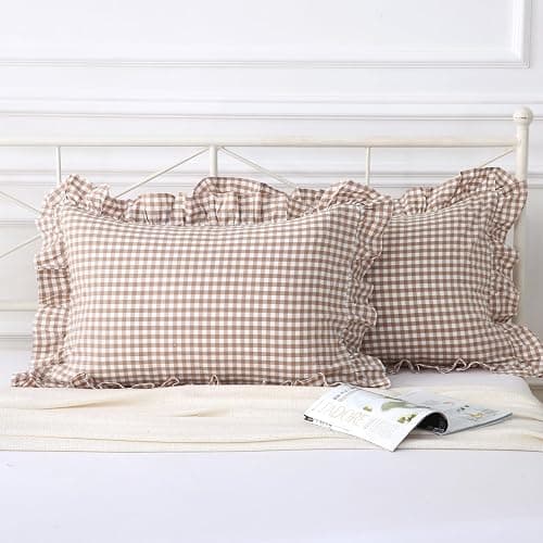 Silnuo Taupe/White Plaid Ruffled Pillow Covers Queen Size Set of 2, Washed Cotton Shabby Checkered Gingham Pillow Shams 20"x30" thumbnail 2