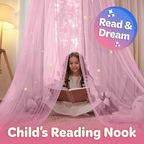 Pink Bed Canopy for Girls with Glowing Stars - Premium Canopy Bed Curtains | Fits Single, Twin, Full, Queen Size Kids Bed, Princess Netting Room Decor, Ceiling Tent to Cover Toddler, Canopy for Bed thumbnail 7