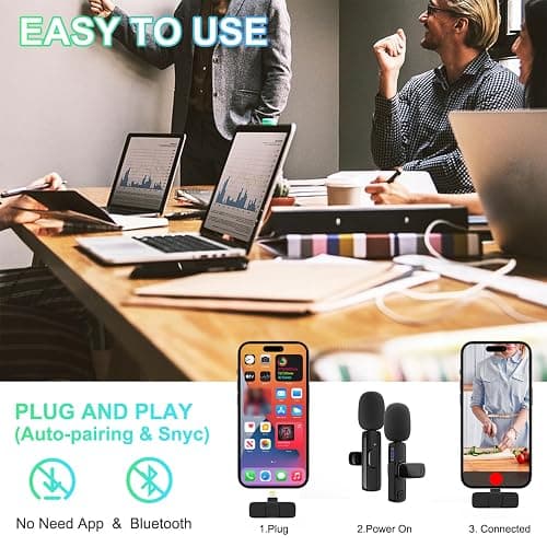 JUDKIOM 2 Pack Wireless Lavalier Microphone for iPhone, Professional Lapel Mics, Wireless Mic Plug-Play, Lapel Microphone for Video Recording Interview Vlog YouTube TikTok(for iPhone 14 and Below) thumbnail 2