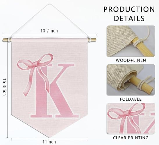 foedor initial Personalized Preppy Canvas Hanging Pennant Flag Banner, Coquette Pink Bow Teen Girl Gifts,Trendy Cute Monogrammed Gifts Wall Decor for Women Teen Girl Nursery bedroom(K) thumbnail 3