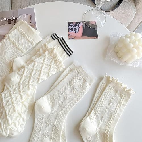 5 Pair Cute Beige Ruffle Frilly Rib Knit Crew Socks - Cottagecore Casual Ankle Coquette Kawaii Floral thumbnail 4