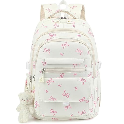 PRLINJSK Girls Backpack for College High Middle School Student, Cute Aesthetic Bookbag for Teens Women with Accessories, Beige Bow - Image 1