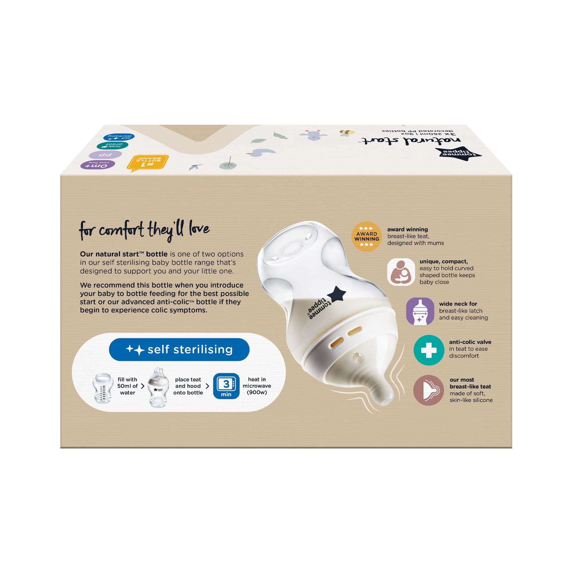 Tommee Tippee Baby Bottles, Natural Start Anti-Colic Baby Bottle with Slow Flow Breast-Like Teat, 260ml, 0m+, Self-Sterilising, Baby Feeding Essentials, Decorated, Pack of 3 - 3 Pack thumbnail 3