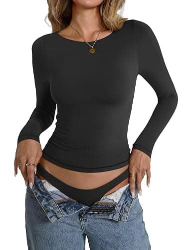 EasyGala Womens Double Lined Long Sleeve Shirts Boat Neck Going Out Tops Trendy Slim Fitted Tees Basic Fall Outfits 2025 thumbnail 4