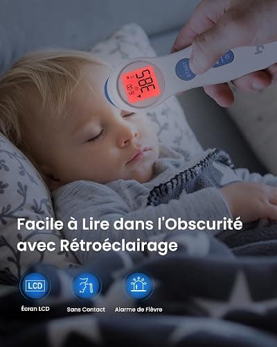Thermomètre Frontal Bébé et Adulte, Sans Contact, Médical Professionnel | Lecture Précise Instantané, Alarme de Fièvre, Simple à Utiliser, Thermomètre Infrarouge, Mode Muet thumbnail 7