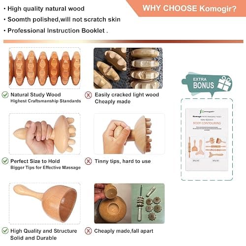 Komogir Wood Therapy Massage Tools 5-in-1 Lymphatic Drainage Massager Maderoterapia Kit Wooden Massager Body Sculpting Tools for Muscle Pain Relief, Anti-Cellulite, Body Contouring and Shaping thumbnail 2