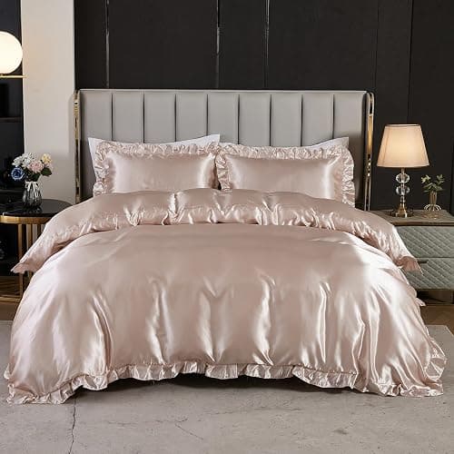 Silk Like Satin Bedding Queen Light Pink Duvet Cover Set Soft Silky Ruffle Comforter Cover Sexy Hotel Silky Bedding Sets 1 Duvet Cover 2 Pillowcases (Queen, Light Pink) thumbnail 2