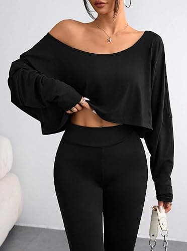 Hilinker Womens Off Shoulder Long Sleeve Crop Tops Sexy Boat Neck Loose Casual T Shirt thumbnail 4