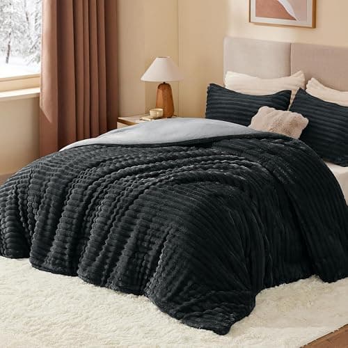 BEDELITE Fleece Queen Comforter Set -Super Soft & Warm Fluffy Black Bedding, Luxury Fuzzy Heavy Bed Set for Winter with 2 Pillow Cases thumbnail 2