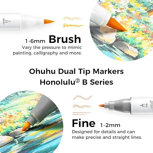 Ohuhu Alcohol Markers Brush&Fine 216-color for Artists Adults Cozy Coloring | Brush Tip Art Marker Set for Beginners Sketching Illustration, AP Certified Refillable Alcohol-based Ink, Honolulu 2B thumbnail 2