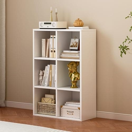 OSCHF 6-Cube Storage Shelf Bookcase - Wooden 3-Tier Floor Standing Open Bookshelf for Home and Office, Display Cabinet, Warm White thumbnail 2
