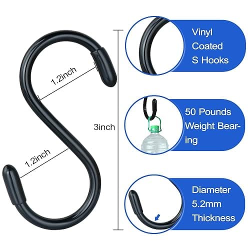 3 Inch Vinyl Coated S Hook,S Hooks for Hanging Plants ,10 Pack Non Slip Heavy Duty S Hooks ,Small Rubber Coated Steel Metal Black Closet S Hook for Hanging Jeans Plants Jewelry Pot Pan Cups Towels thumbnail 3