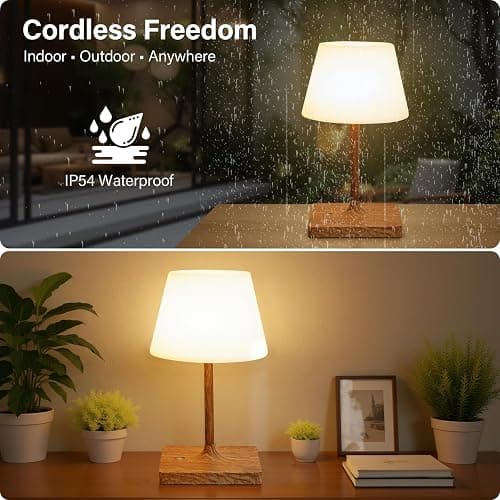 Cordless Table Lamp Waterproof,4000mAh Battery Rechargeable Desk Lamp for Indoor & Outdoor Use,3 Color-Temps & Dimmable LED Night Light for Shower Bedroom Restaurant Bathroom Home 10.8" H- Wood Grain thumbnail 2
