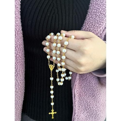 Rosary Beads Catholic for Women Girls, First Holy Communion Rosary Gifts for Girls Catholic, Gold White Rosary Necklace for Women Imitation Pearl Beads Necklace Rosarios Catolicos thumbnail 7