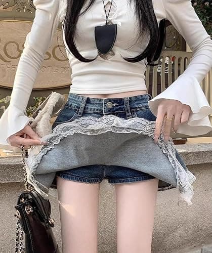 Y2K High Waist Denim Lace Mini Skirt for Women – Harajuku A-Line Ruffle Skater Skirt Kawaii Fairycore Style thumbnail 7