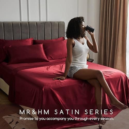 MR&HM Satin Bed Sheets, Twin XL Size Sheets Set, 3 Pcs Silky Bedding Set with 15 Inches Deep Pocket for Mattress (Twin XL, Burgundy) thumbnail 6