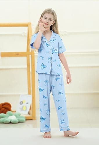 Umeyda Girls Pajamas Set Button Down Notch Collar Soft Short Sleeve Pjs Set with Long Pant Set Lounge Set thumbnail 4